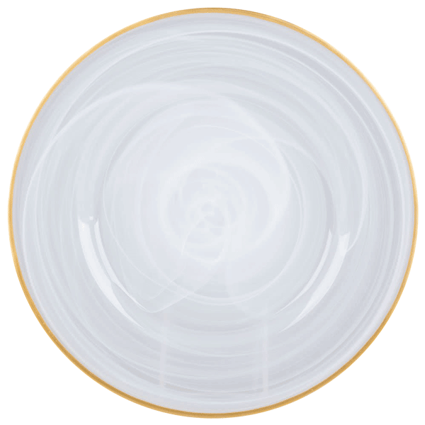 A top view of a circular, white ceramic charger plate with a subtle spiral pattern and a thin golden rim.