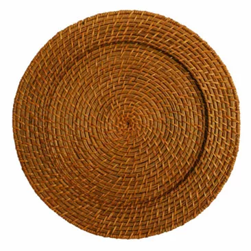 A round, woven brown charger plate made from natural fibers, displaying a neat spiral pattern from the center to the edges.