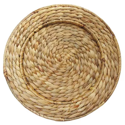 Round charger plates made from natural fibers, displaying a spiral pattern with a slightly textured surface. The color is a warm neutral tone.