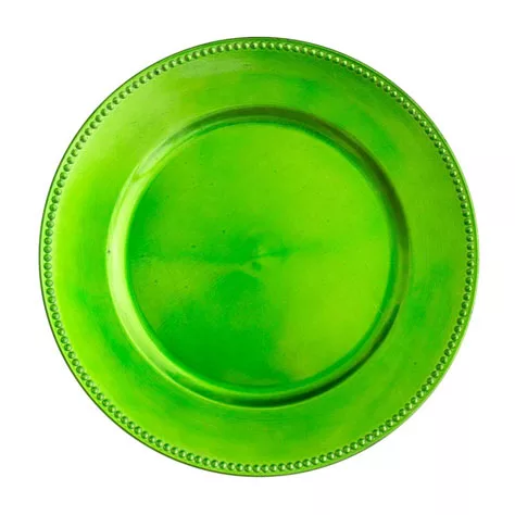 A vibrant green charger plate with a decorative embossed rim, viewed from above on a white background.