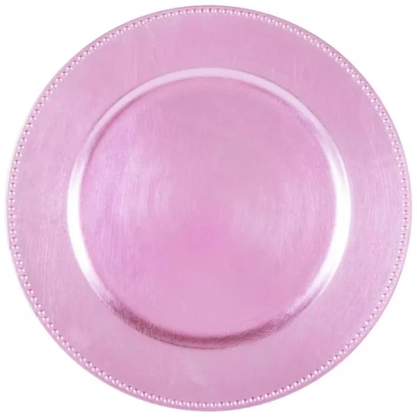 A top view of a round, pink charger plate with a subtle texture and raised beaded rim, isolated on a white background.