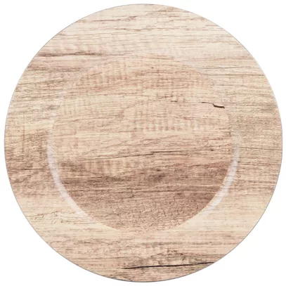 Round wooden charger plates with circular patterns and visible wood grains, giving them a natural and rustic appearance.