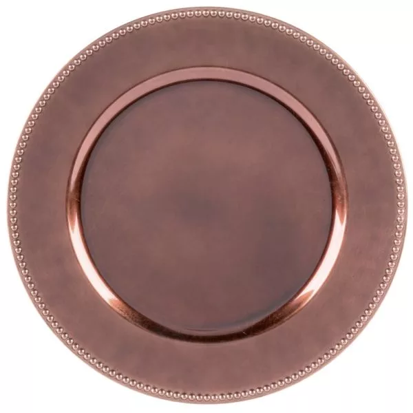 A circular copper charger plate with a beaded rim, featuring a shiny finish and a subtle texture, viewed from directly above.