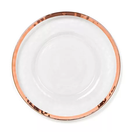 An elegant white ceramic charger plate with a glossy finish and a copper-colored rim, photographed on a white background.
