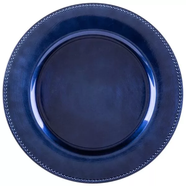 A top view of a dark blue ceramic charger plate with a glossy finish and a slightly textured rim.
