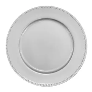A simple white ceramic charger plate with a slightly textured, embossed rim, viewed from directly above on a light background.