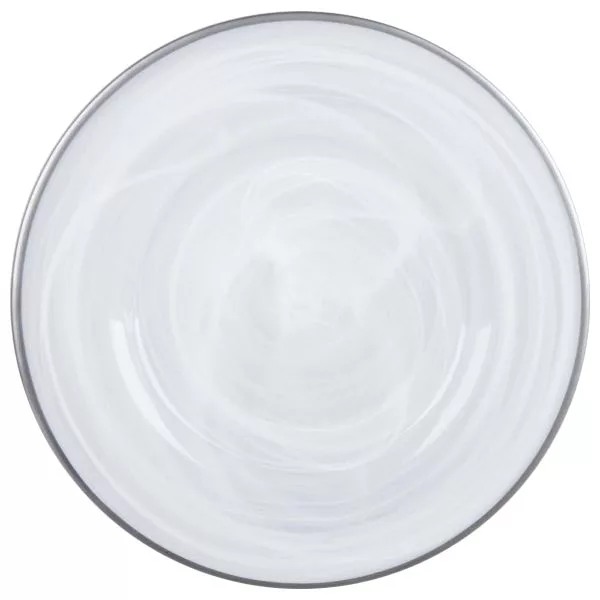 Top view of a plain white, round ceramic charger plate on a white background.