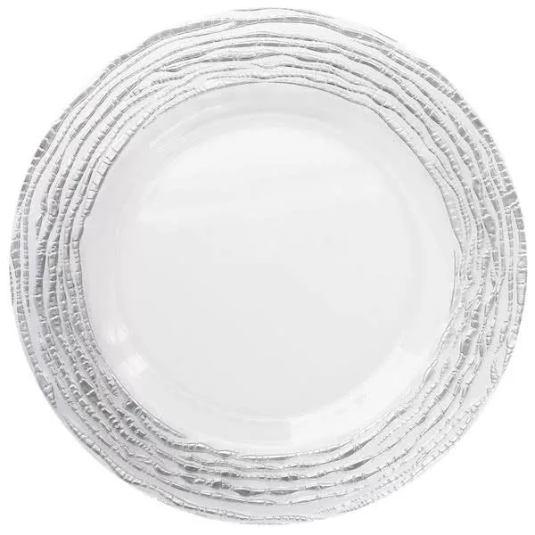 A stack of clear, patterned charger plates viewed from above, showcasing intricate textures along the edges with a smooth center.