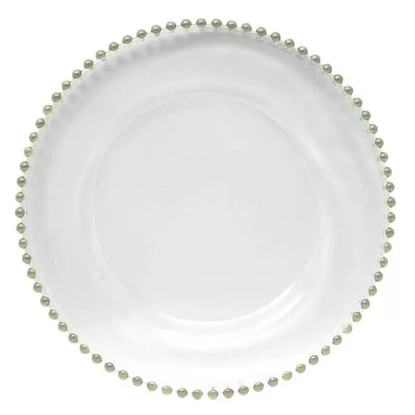 A white ceramic charger plate with a decorative border featuring small, raised metallic beads, viewed from above on a white background.