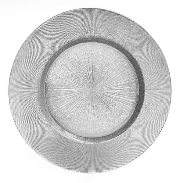 A top view of a round, textured charger plate with a concentric circle design, set on a white background.