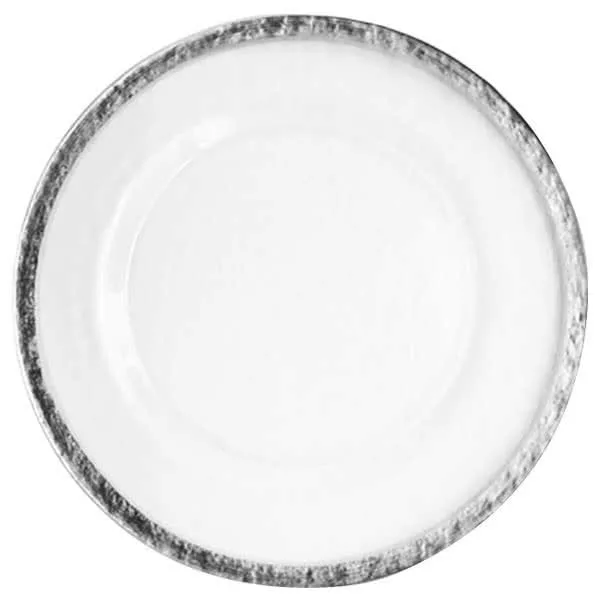 A top view of an empty, white ceramic charger plate with a subtle, speckled gray border. The plate is circular and has a glossy finish.