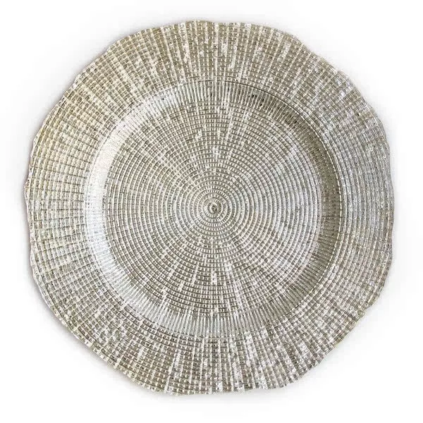 A circular, woven charger plate in varying shades of beige, demonstrating a detailed spiral design from center to edge, creating an intricate, textured appearance.