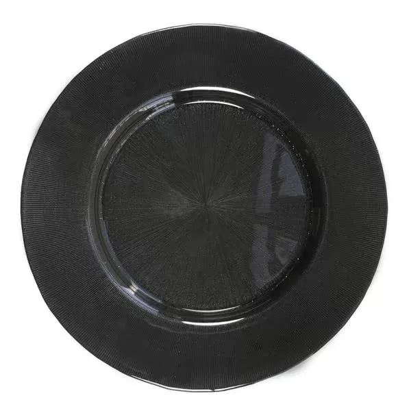 A top view of a simple, round, black charger plate with a slightly textured design, isolated on a white background.