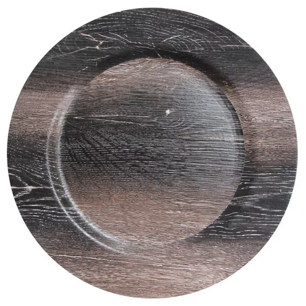 Oval wooden charger plate with a distressed finish, showing visible wood grain and cracks, predominantly in shades of dark brown and black.