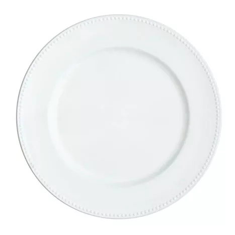 An empty white ceramic charger plate with a decorative embossed rim, displayed on a plain background.