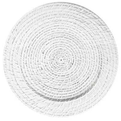 A round, white, woven charger plate with a spiral pattern, viewed from above on a plain background.