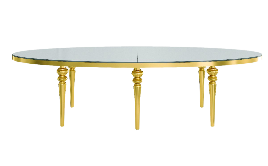 An elegant oval glass dining table with a gold frame and legs, isolated on a white background. the table's legs feature intricate, ornate designs.