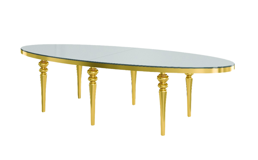 An elegant oval-shaped table with a mirrored top and golden legs, featuring intricate detailing on the leg shafts, set against a white background.