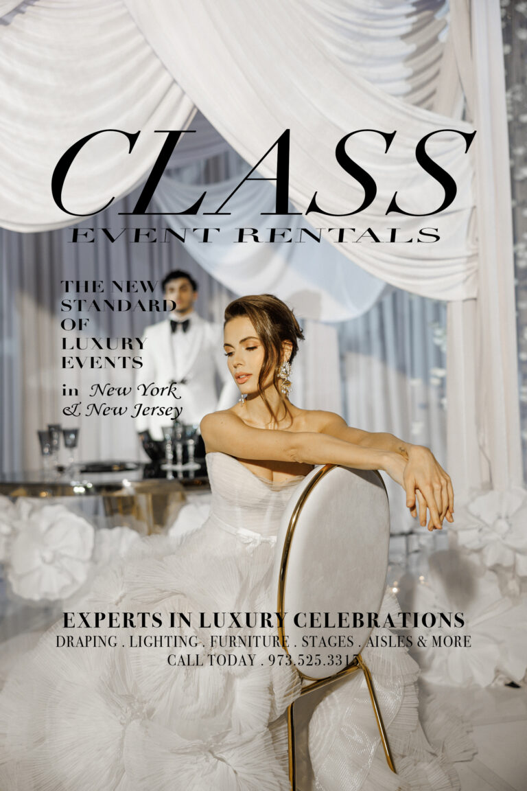 A woman in an elegant white gown sits on a chair amid lavish white drapery and floral arrangements. Text promotes "Class Event Rentals," your source for Luxury Party & Wedding Rentals NJ & NYC for unforgettable celebrations.